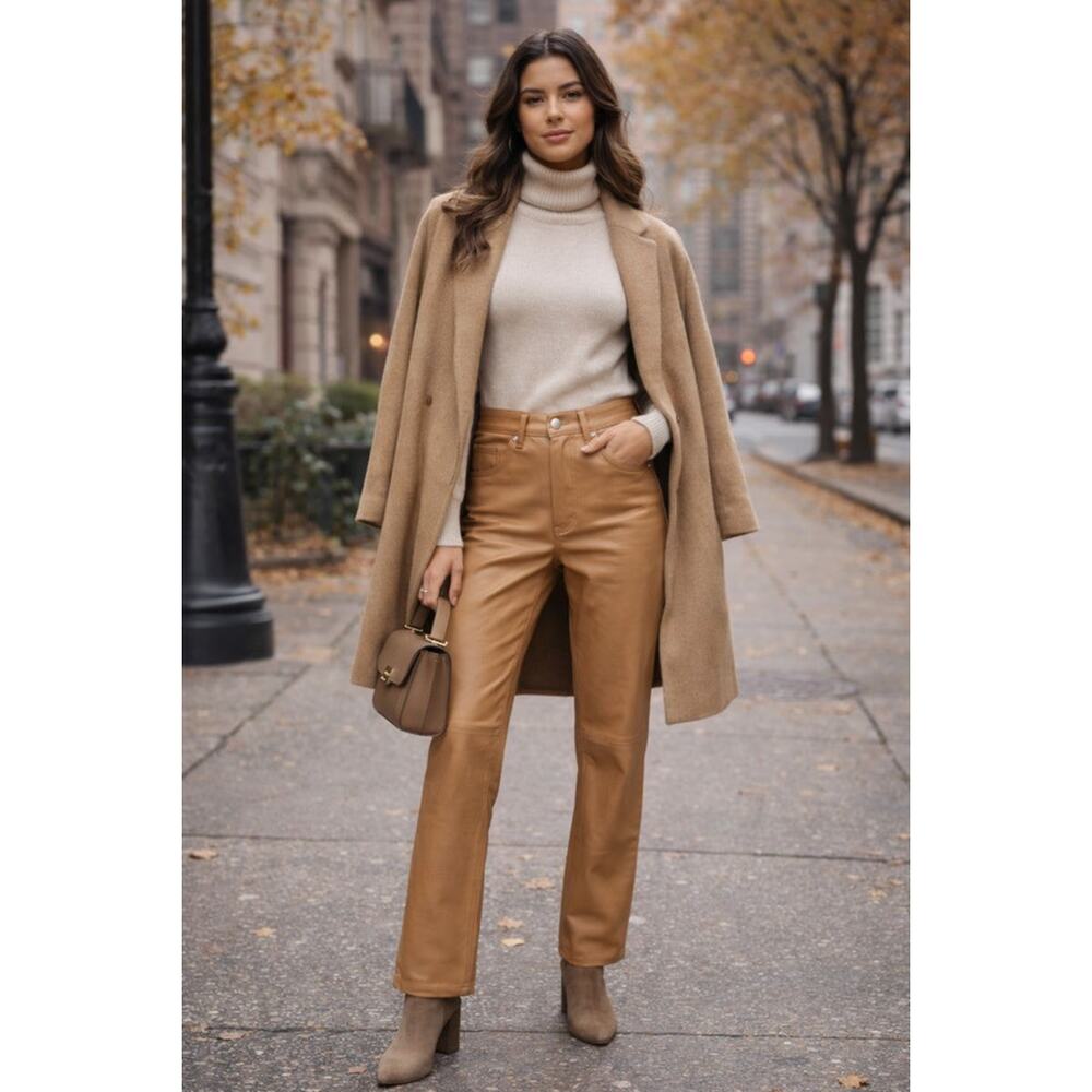 VTG Newport News  Styleworks Genuine Leather Pants Tan Women’s Sz 6 Straight Leg